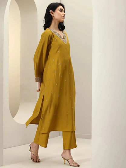 Gerua Mustard Embroidered Silk Blend Straight Suit Sets With Dupatta