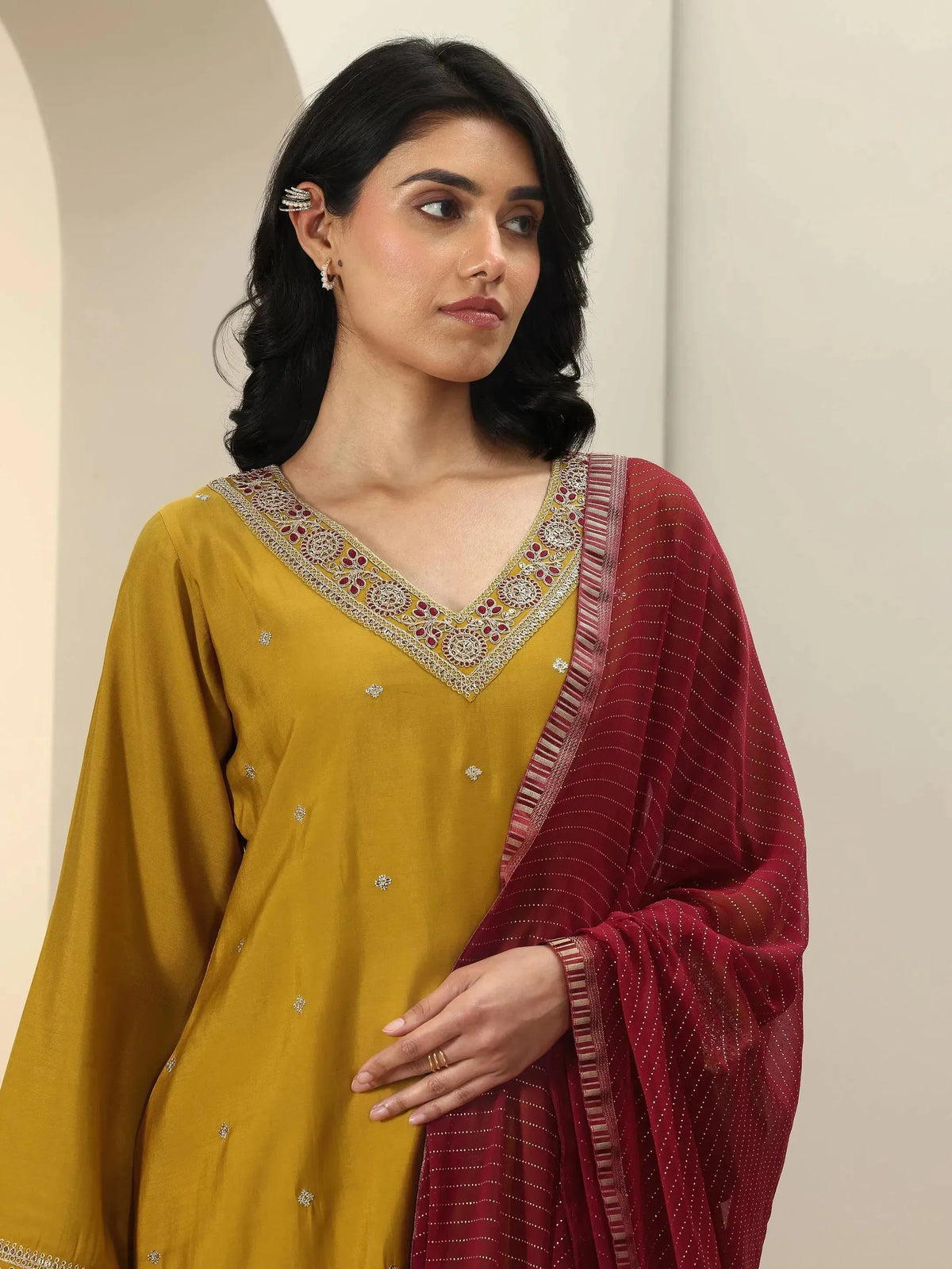 Gerua Mustard Embroidered Silk Blend Straight Suit Sets With Dupatta