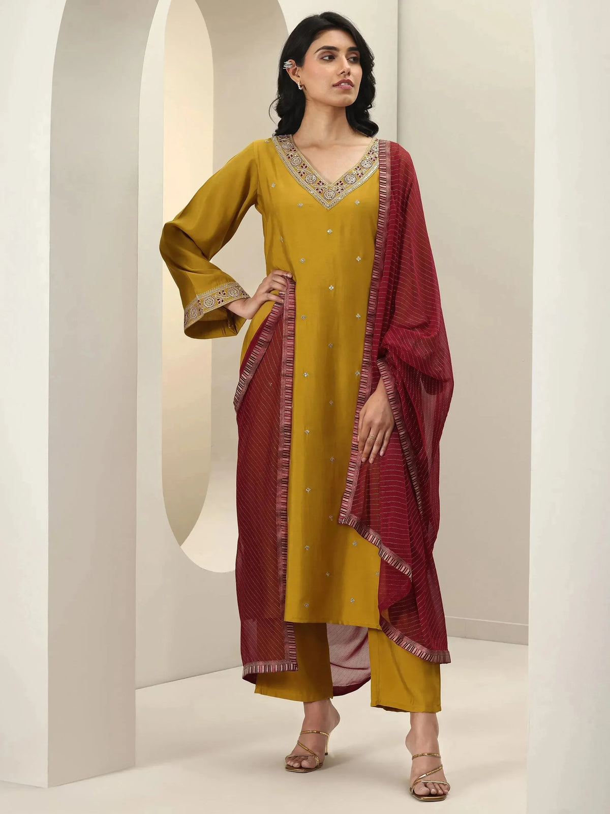 Gerua Mustard Embroidered Silk Blend Straight Suit Sets With Dupatta