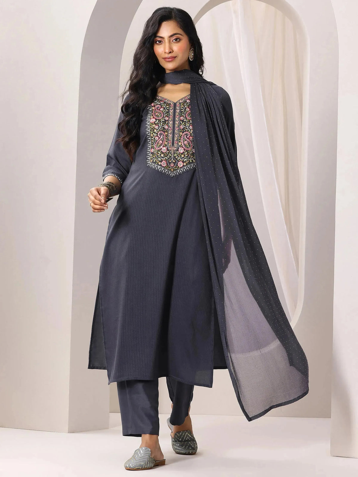 Gerua Grey Yoke Design Silk Blend Straight Suit Set With Dupatta