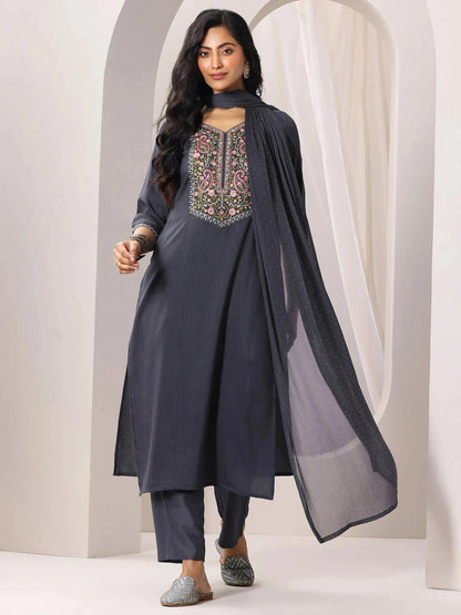Gerua Grey Yoke Design Silk Blend Straight Suit Set With Dupatta