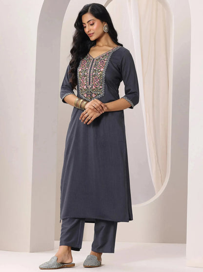 Gerua Grey Yoke Design Silk Blend Straight Suit Set With Dupatta