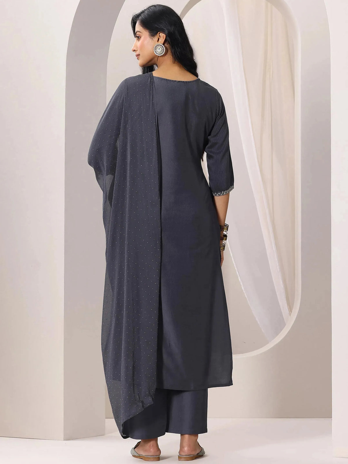 Gerua Grey Yoke Design Silk Blend Straight Suit Set With Dupatta