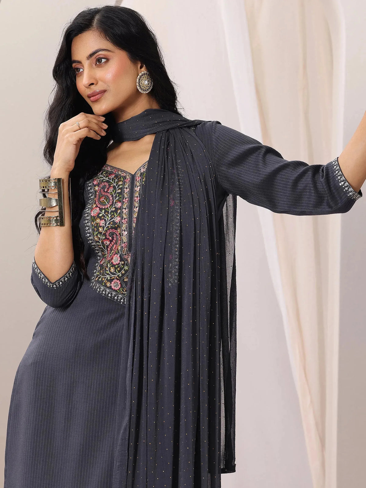 Gerua Grey Yoke Design Silk Blend Straight Suit Set With Dupatta