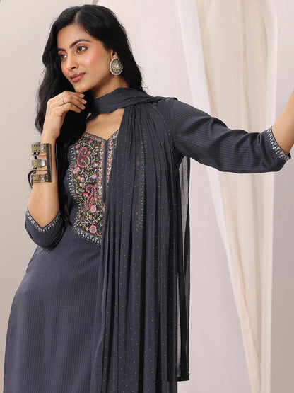 Gerua Grey Yoke Design Silk Blend Straight Suit Set With Dupatta