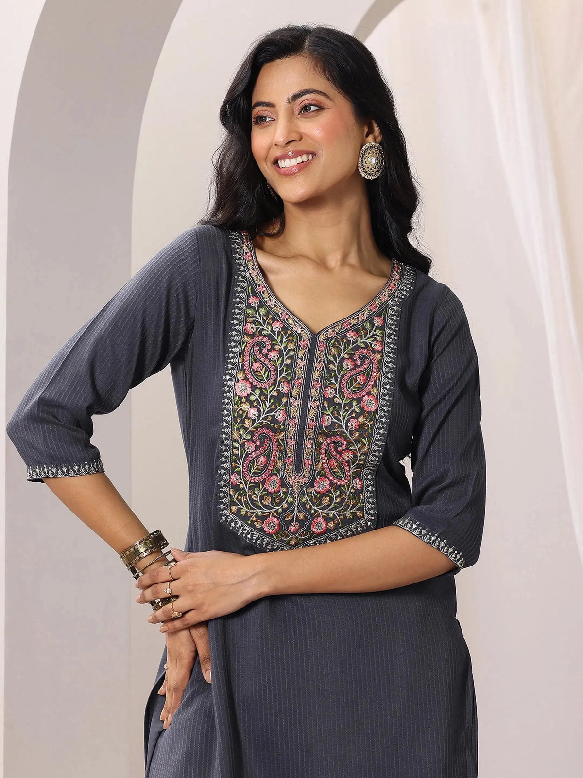Gerua Grey Yoke Design Silk Blend Straight Suit Set With Dupatta