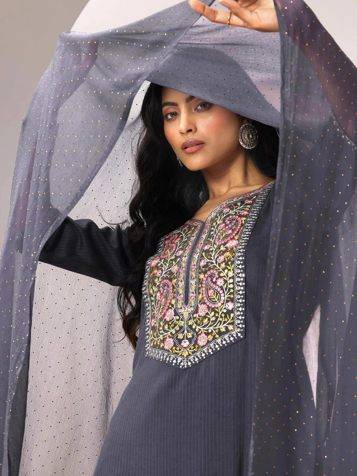 Gerua Grey Yoke Design Silk Blend Straight Suit Set With Dupatta