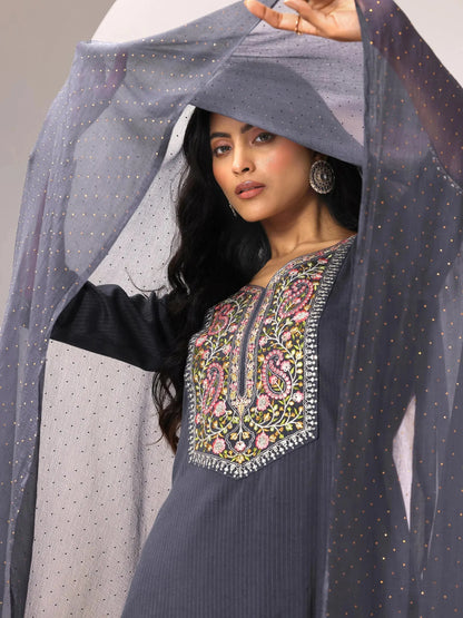 Gerua Grey Yoke Design Silk Blend Straight Suit Set With Dupatta