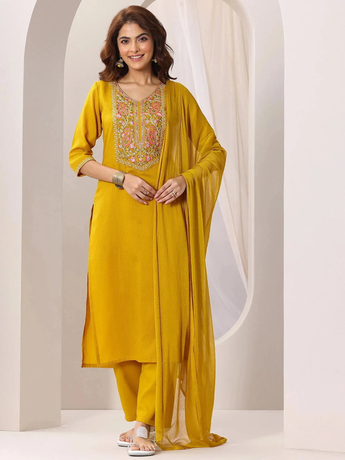 Gerua Yellow Yoke Design Silk Blend Straight Suit Set With Dupatta