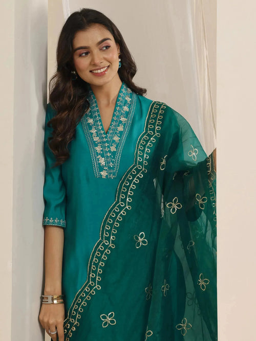 Gerua Turquoise Yoke Design Silk Blend Straight Suit Set With Dupatta