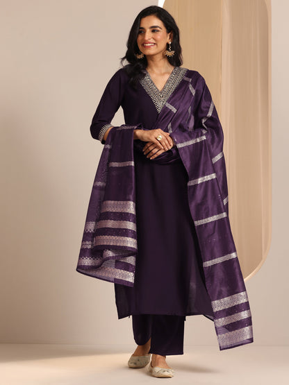 Gerua Burgundy Yoke Design Silk Blend Straight Suit Set With Dupatta