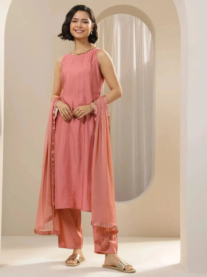 Gerua Peach Solid Silk Blend Straight Suit Sets With Dupatta