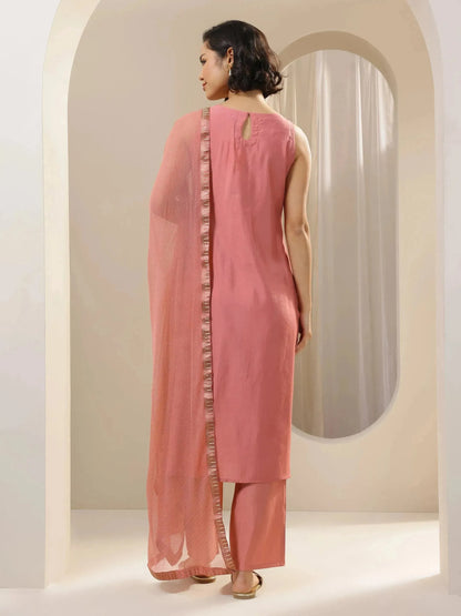 Gerua Peach Solid Silk Blend Straight Suit Sets With Dupatta