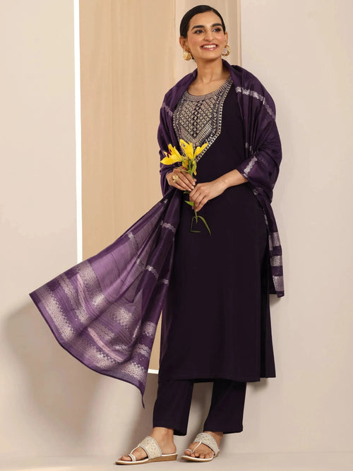 Gerua Burgundy Yoke Design Silk Blend Straight Suit Set With Dupatta