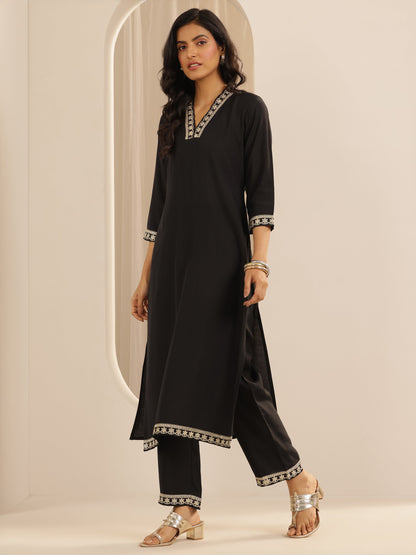 Gerua Black Solid Silk blend Straight Suit Set With Dupatta