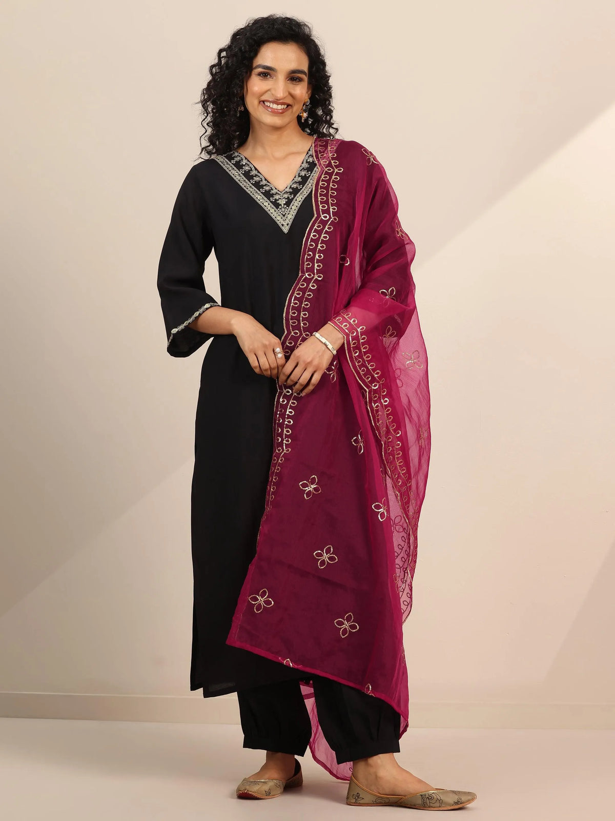 Gerua Black Yoke Design Silk Blend Straight Suit Set With Dupatta