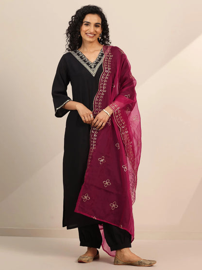 Gerua Black Yoke Design Silk Blend Straight Suit Set With Dupatta