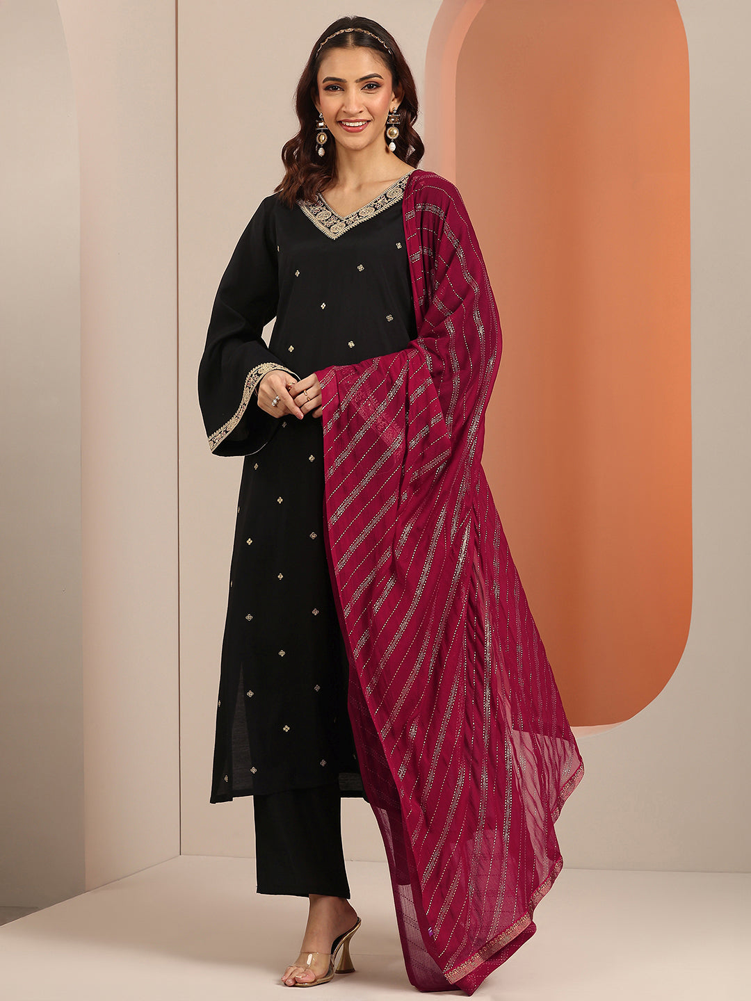 Gerua Black Embellished Silk Blend Straight Suit Set With Dupatta