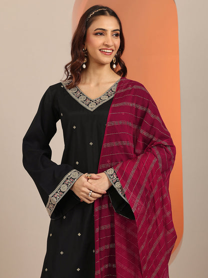 Gerua Black Embellished Silk Blend Straight Suit Set With Dupatta