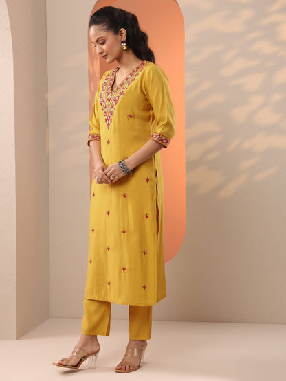 Gerua Yellow Embroidered Silk Blend Straight Suit Set With Dupatta