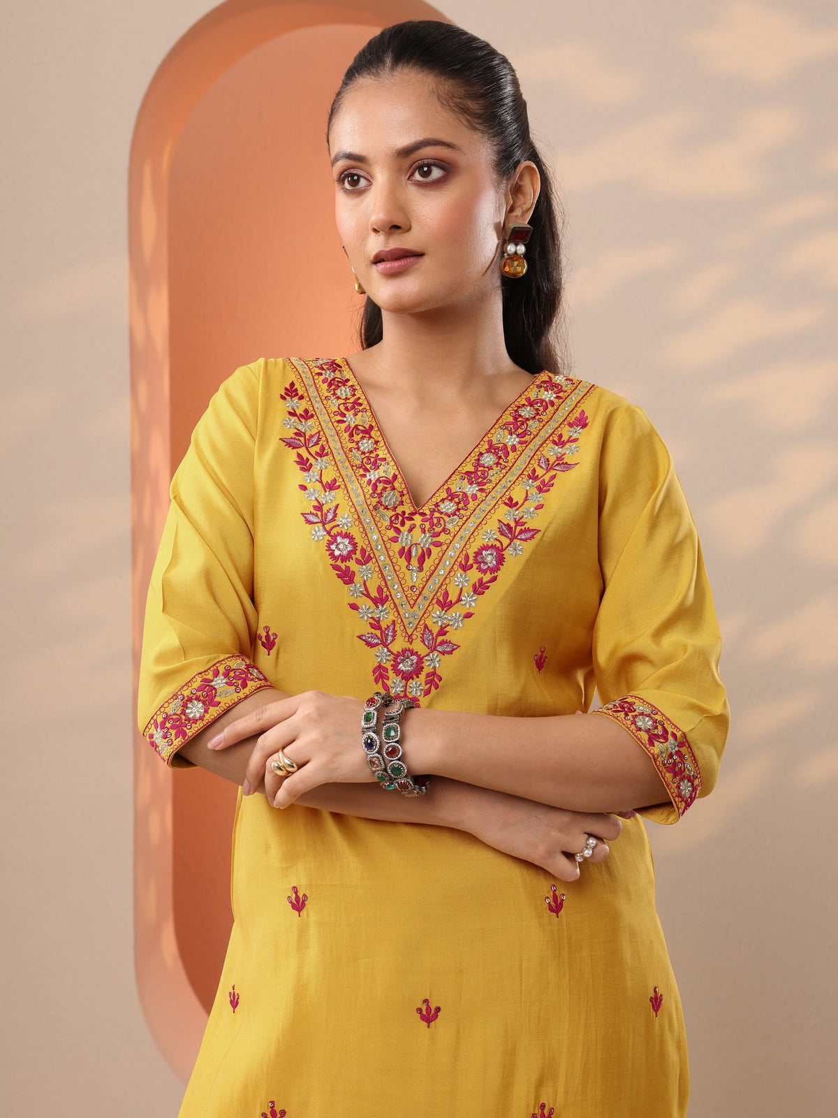 Gerua Yellow Embroidered Silk Blend Straight Suit Set With Dupatta