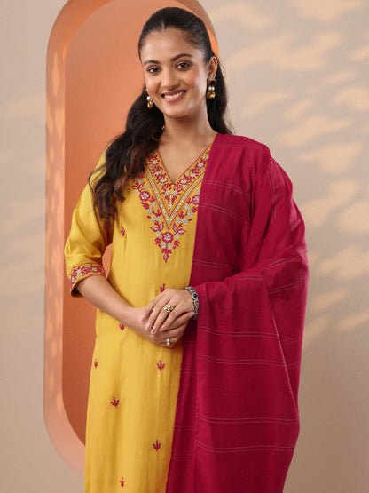 Gerua Yellow Embroidered Silk Blend Straight Suit Set With Dupatta