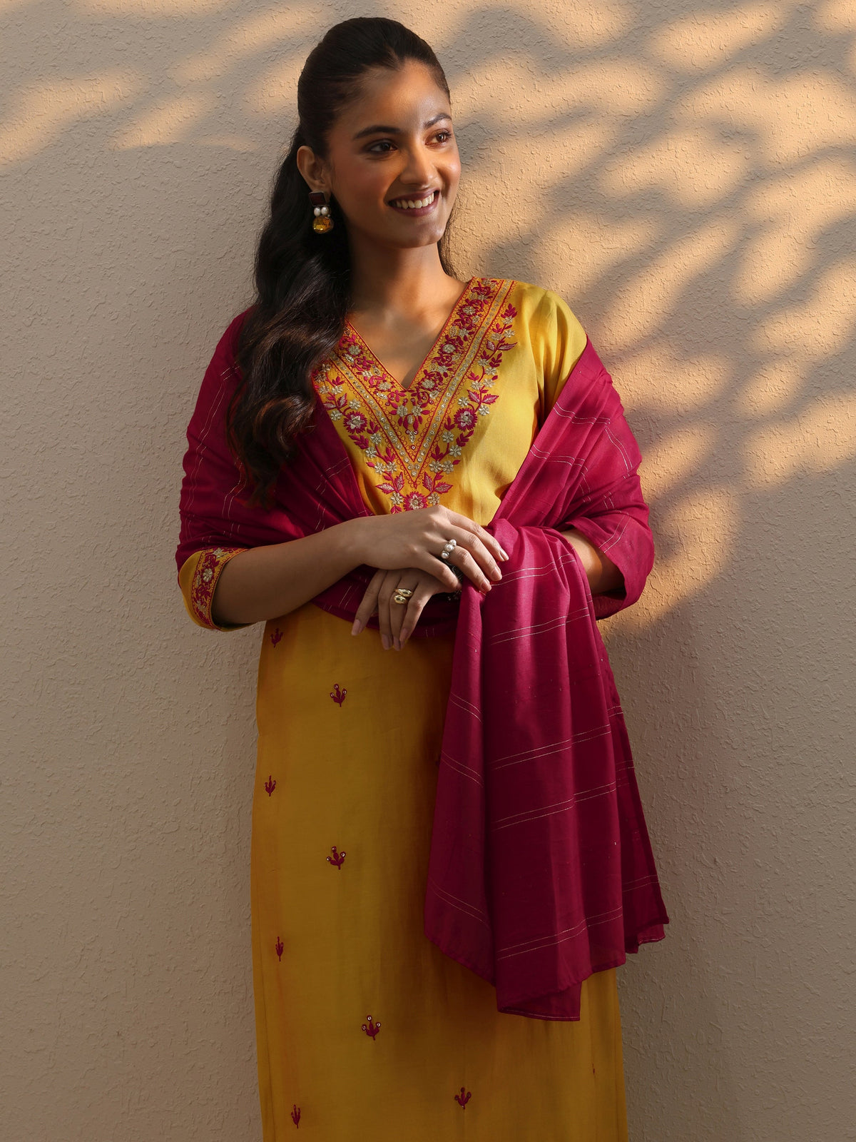 Gerua Yellow Embroidered Silk Blend Straight Suit Set With Dupatta