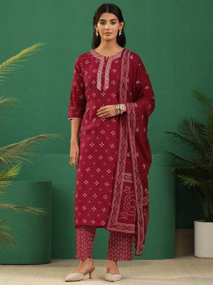 Gerua Crimson Red Bandhani Cotton Blend Straight Suit Set