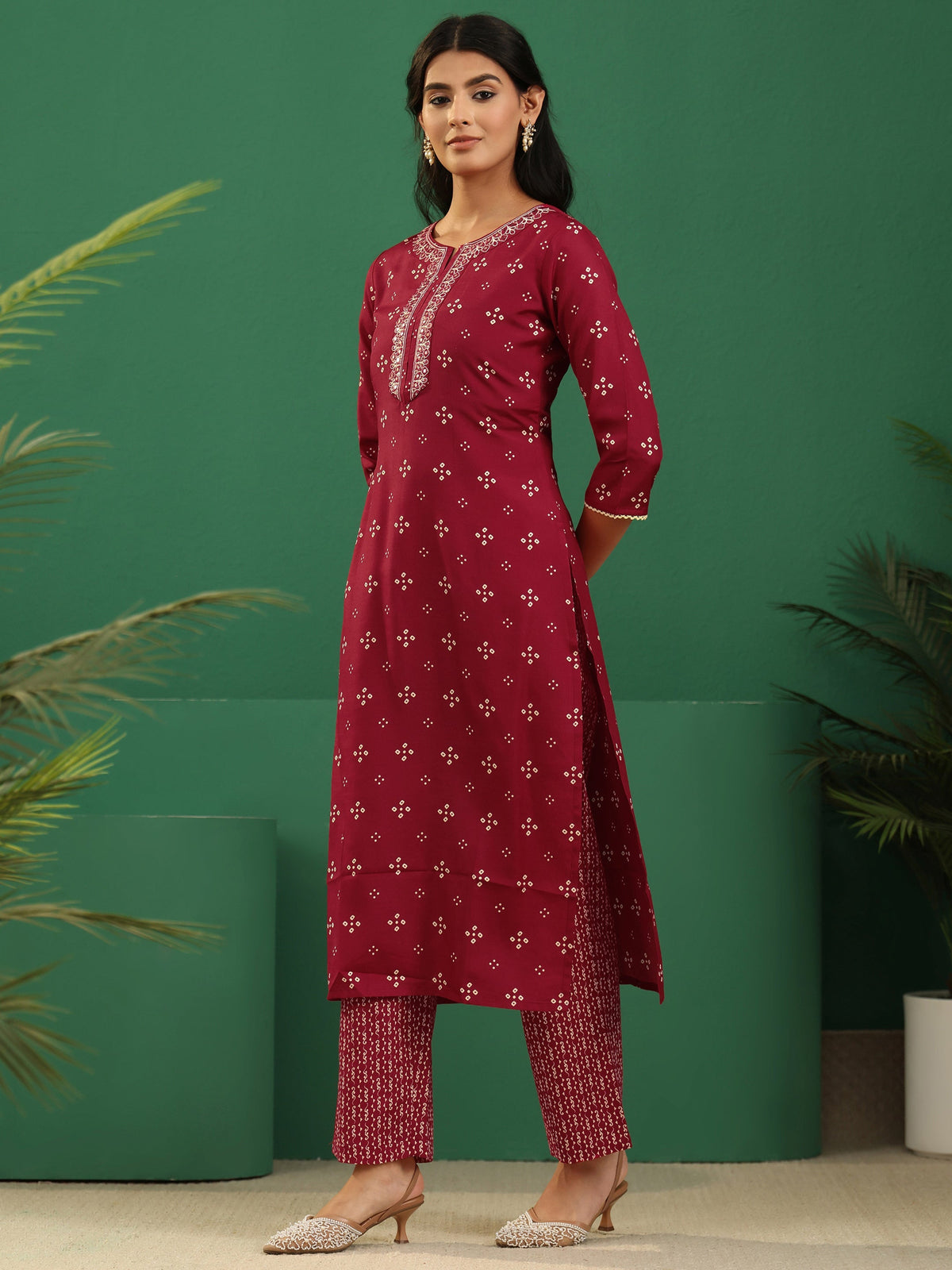 Gerua Crimson Red Bandhani Cotton Blend Straight Suit Set