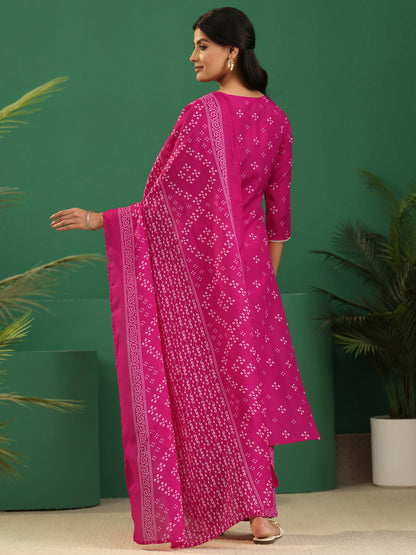 Gerua Magenta Pink Bandhani Cotton Blend Straight Suit Set
