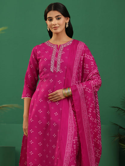 Gerua Magenta Pink Bandhani Cotton Blend Straight Suit Set