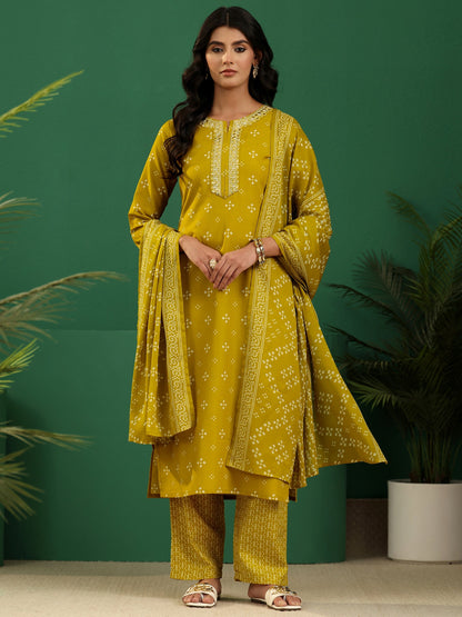 Gerua Green Bandhani Cotton Blend Straight Suit Set