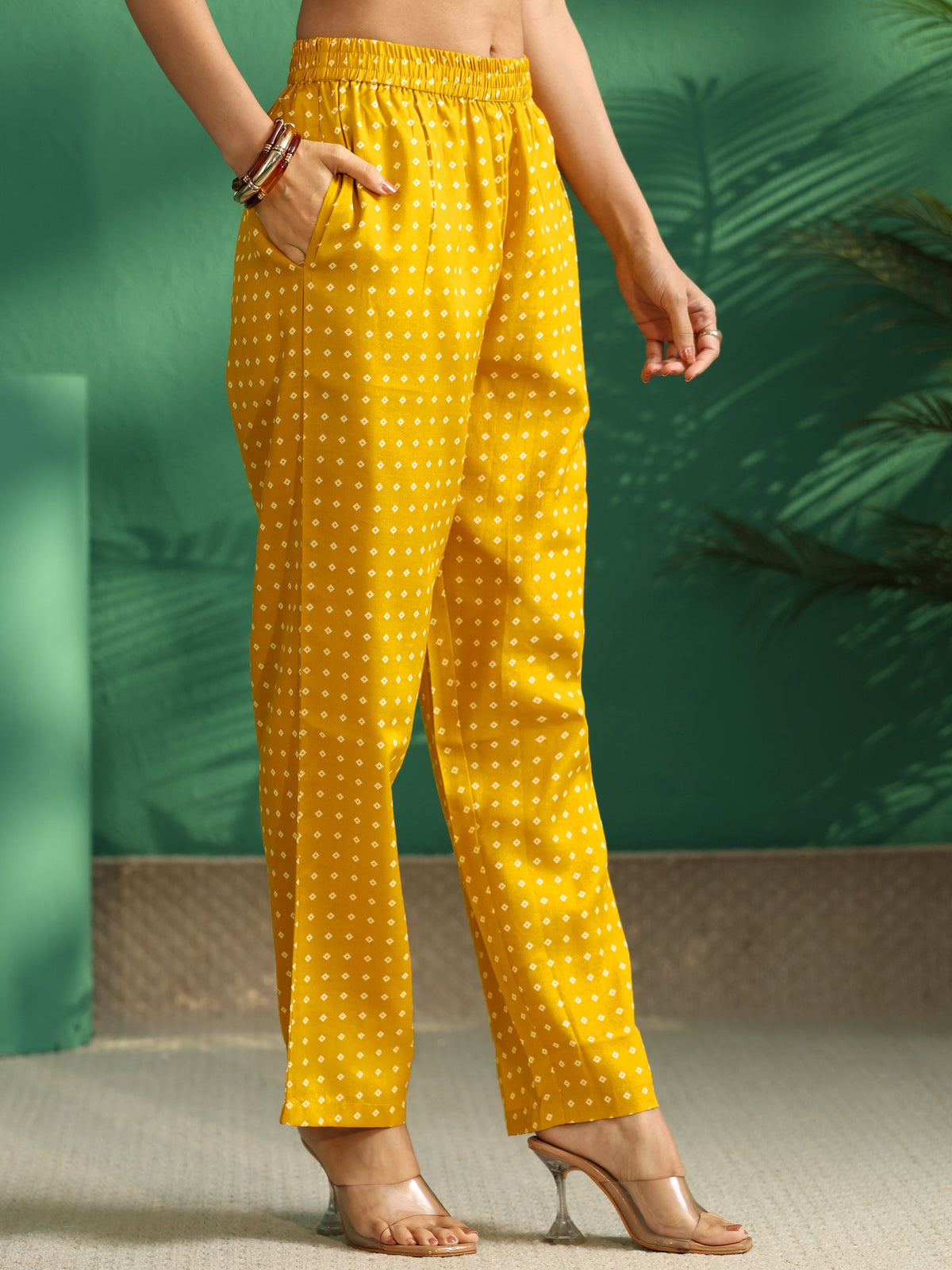 Gerua Mustard Bandhani Cotton Blend A-Line Kurta Set