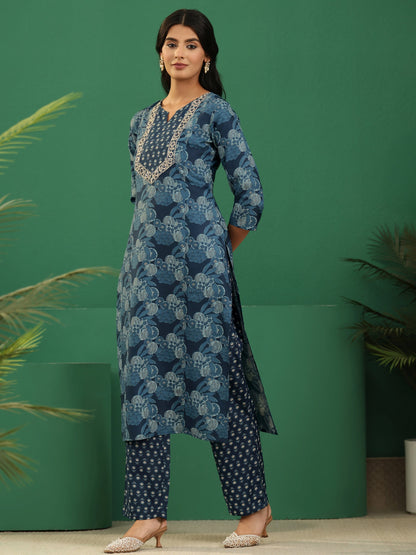 Gerua Blue Floral Printed Cotton Blend A-Line Suit Set