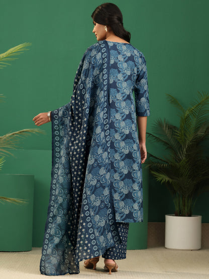 Gerua Blue Floral Printed Cotton Blend A-Line Suit Set