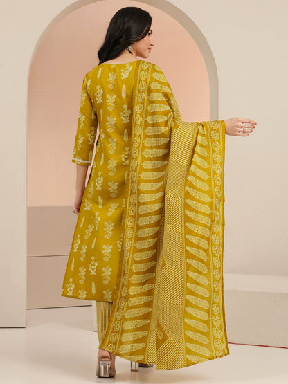 Gerua Mustard Floral Printed Cotton Blend Straight Suit Set