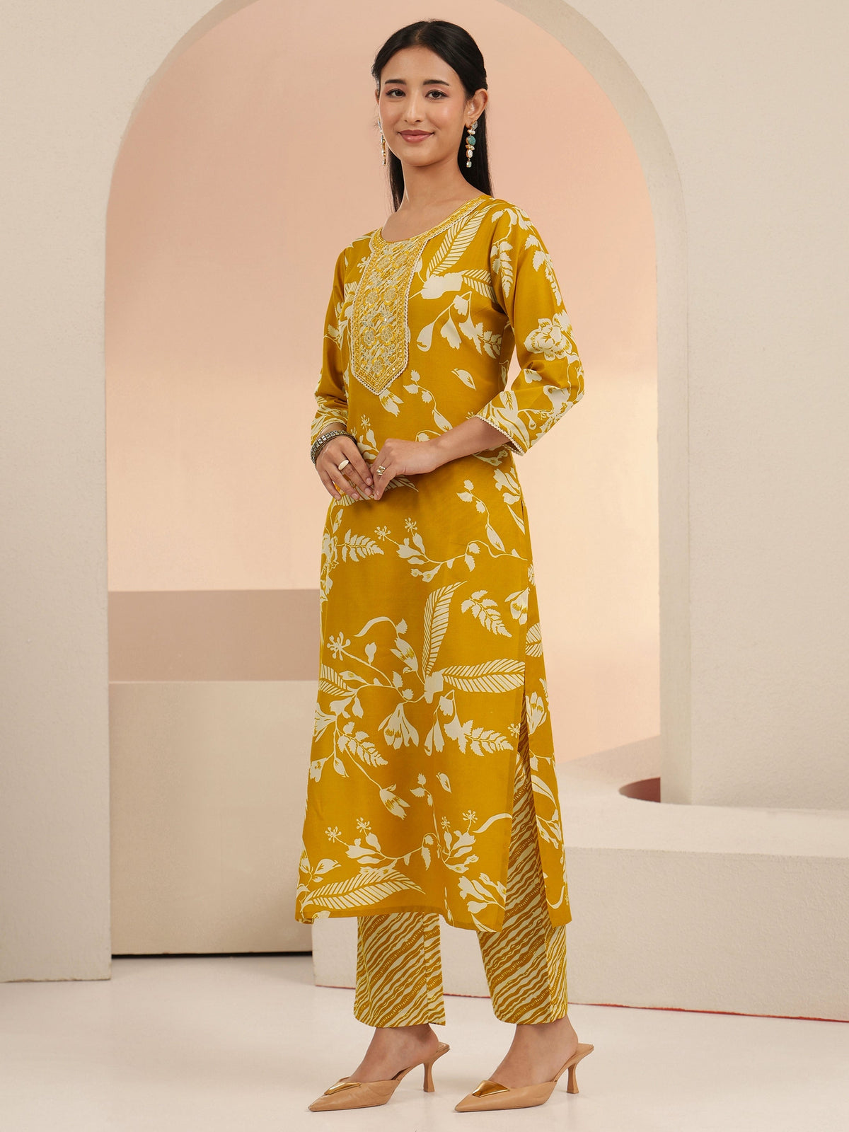 Gerua Mustard Floral Printed Cotton Blend Straight Suit Set