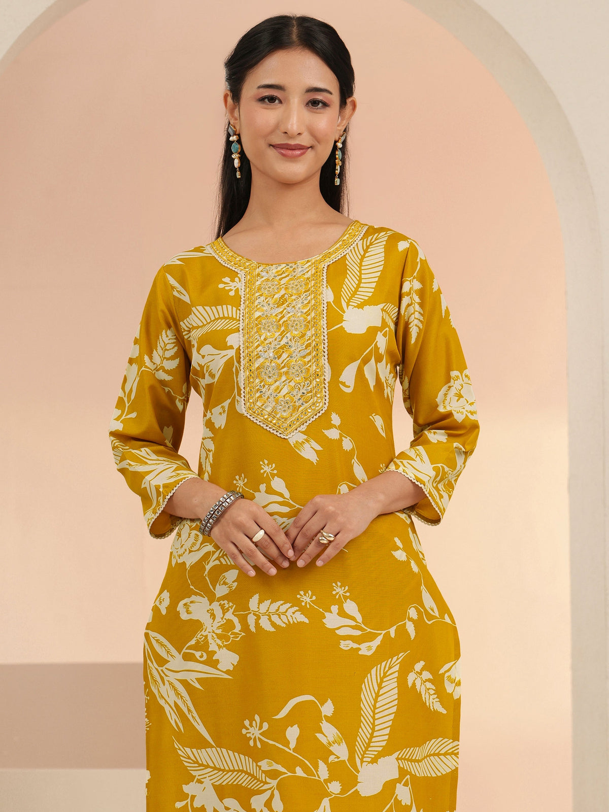 Gerua Mustard Floral Printed Cotton Blend Straight Suit Set
