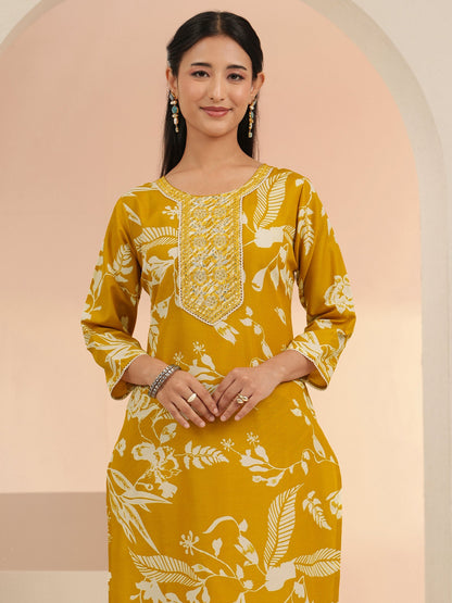 Gerua Mustard Floral Printed Cotton Blend Straight Suit Set