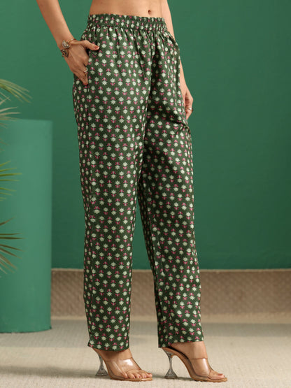 Gerua Olive Green Floral Printed Cotton Blend A-Line Suit Set