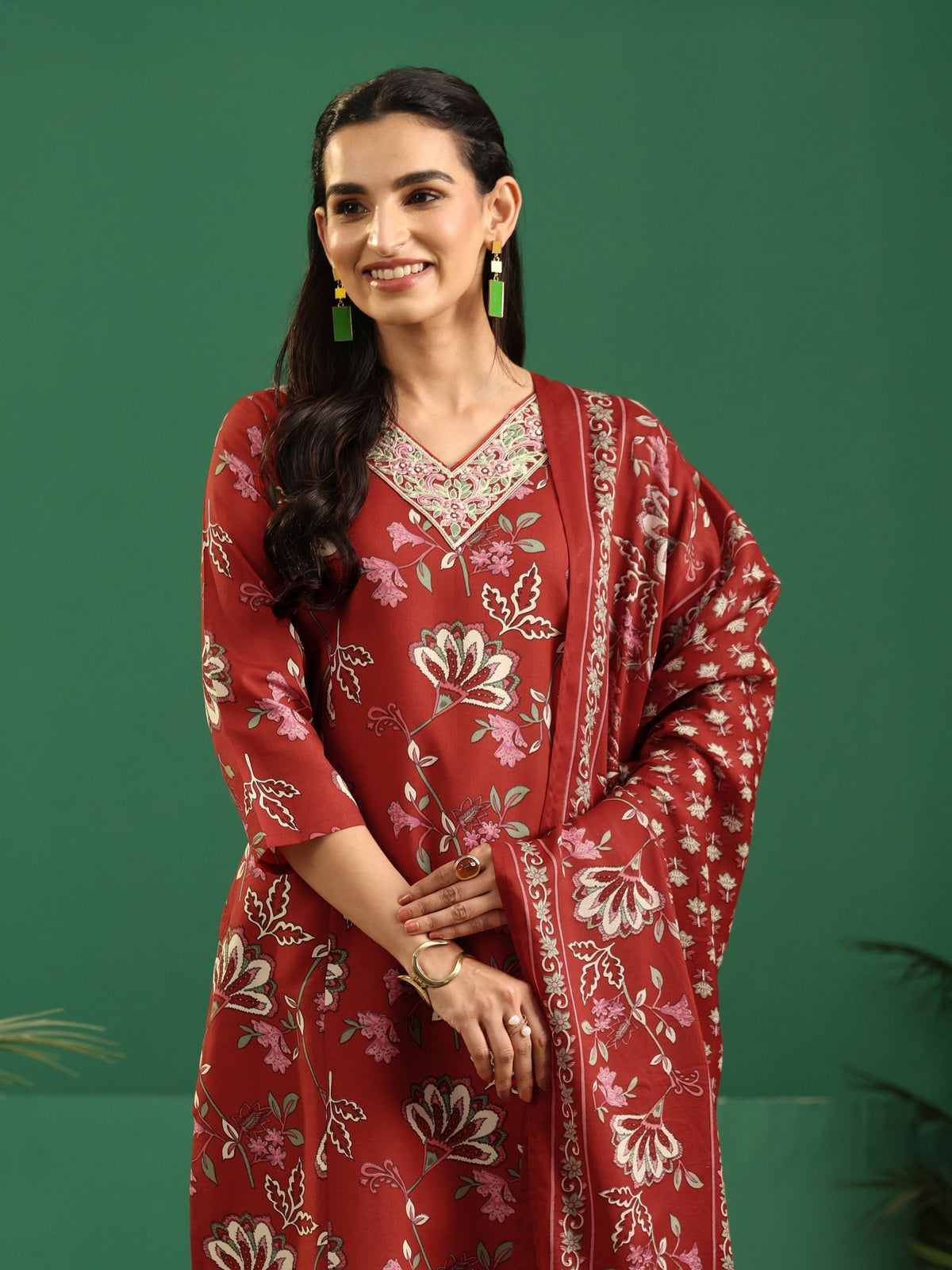 Gerua Crimson Red Floral Printed Cotton Blend A-Line Suit Set