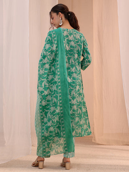 Gerua Turquoise Yoke Embroidered Cotton Blend Straight Suit Set
