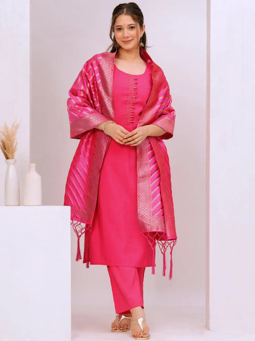 Gerua Pink Solid Silk Blend Straight Suit With Dupatta