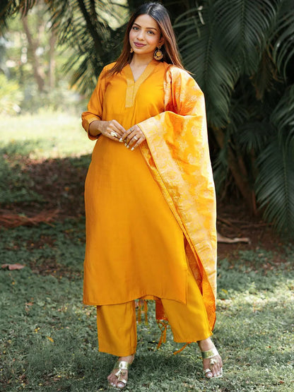 Gerua Mustard Solid Silk Blend Straight Suit With Dupatta