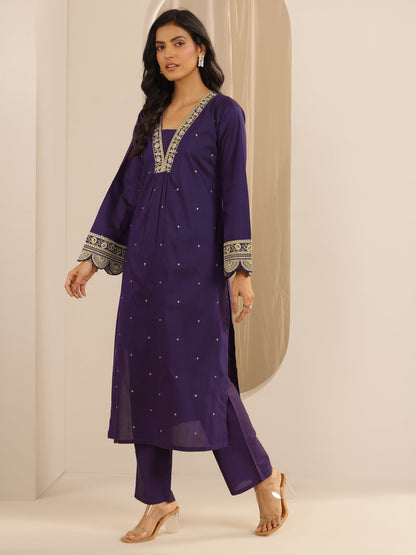 Gerua Purple Embroidered Silk Blend A-line Kurta Set