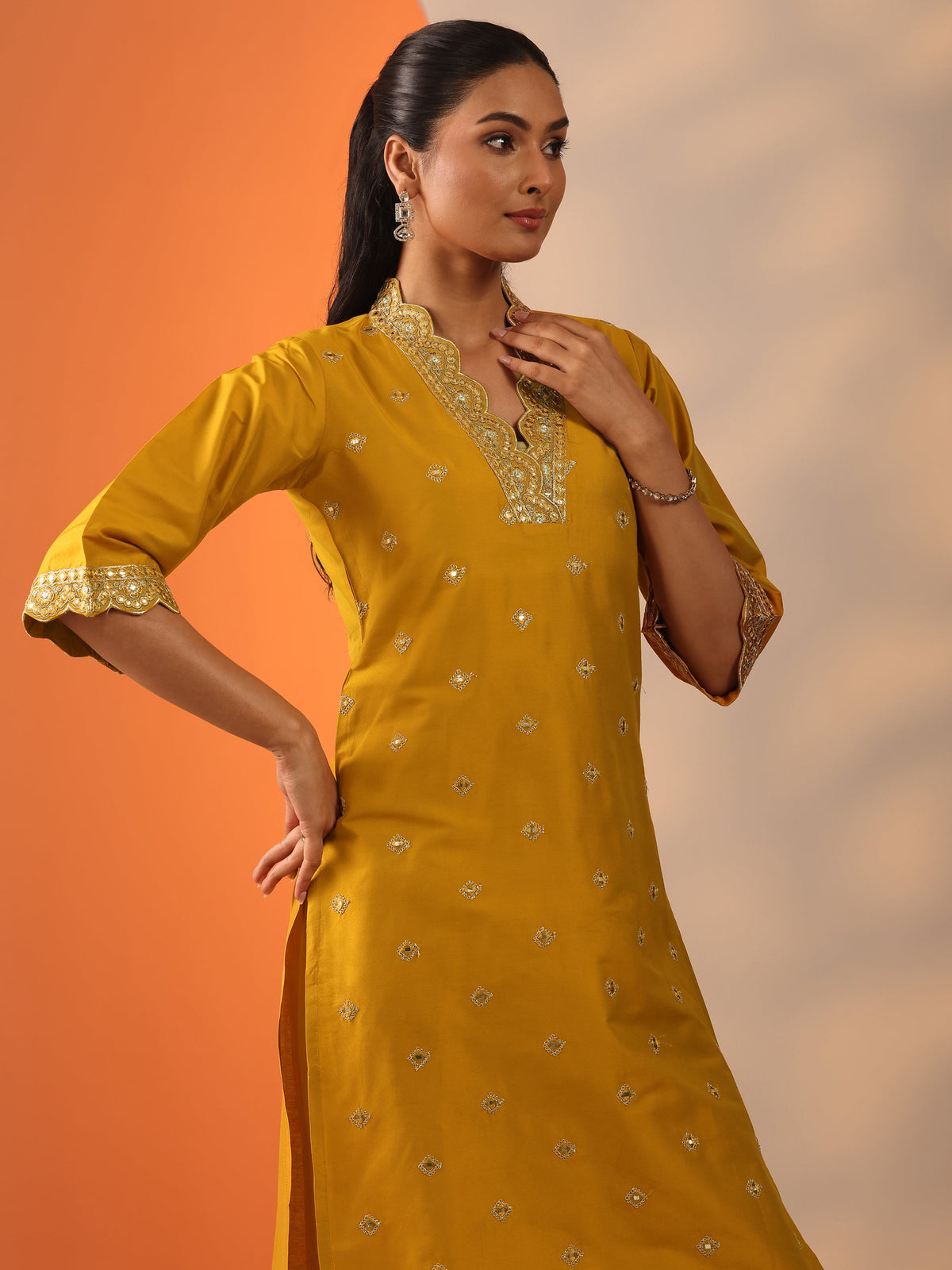 Gerua Mustard Embroidered Silk Blend Straight Kurta Set