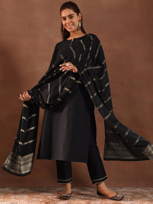 Gerua Black Solid Silk Blend Straight Suit Set With Dupatta