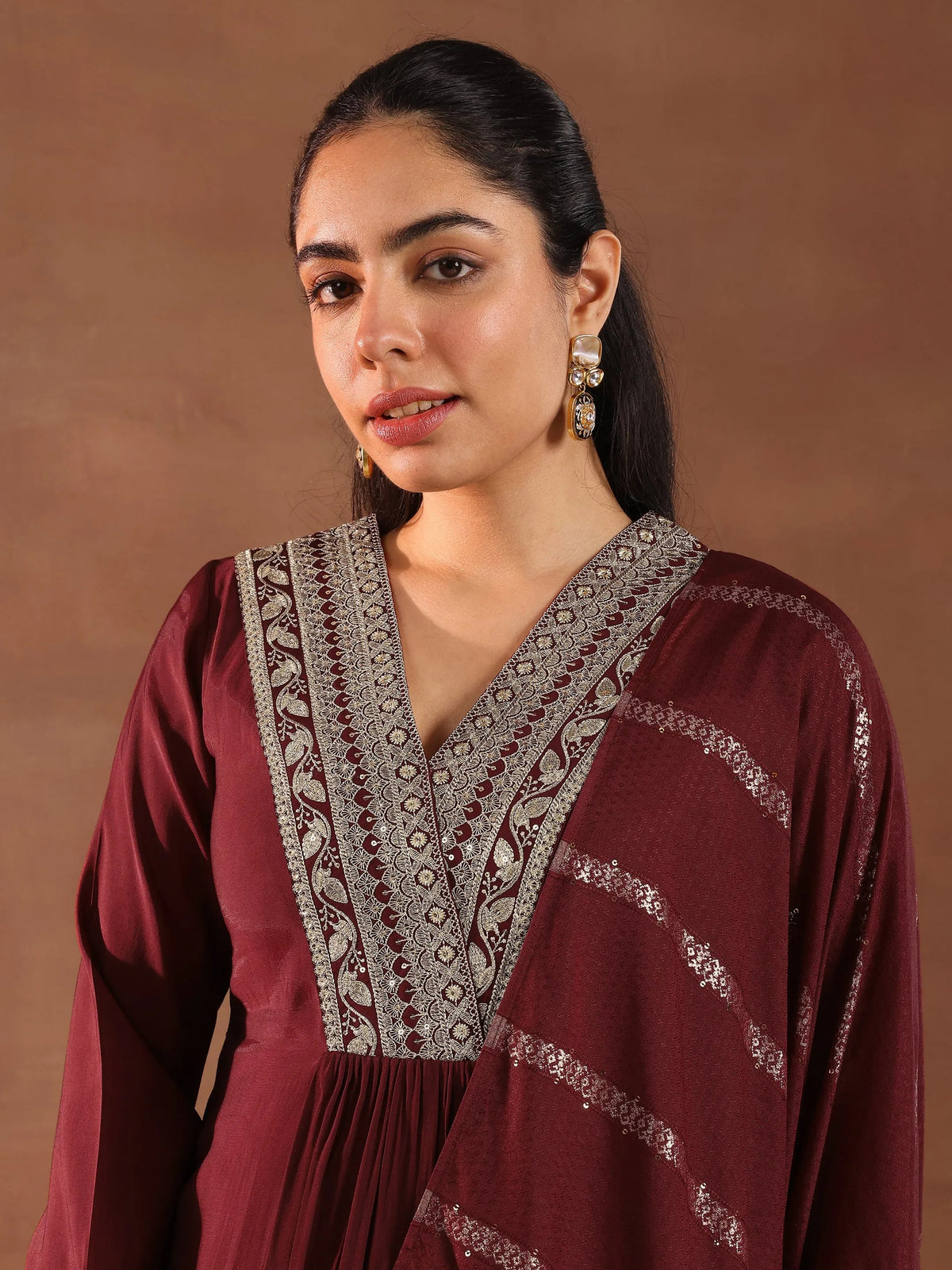 Gerua Maroon Embroidered Silk Blend A-Line Suit Set With Dupatta