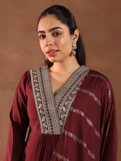 Gerua Maroon Embroidered Silk Blend A-Line Suit Set With Dupatta