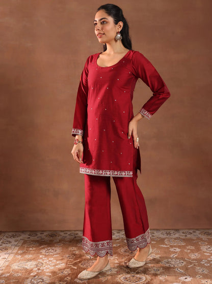 Gerua Red Embroidered Silk Blend Straight Suit Set With Dupatta